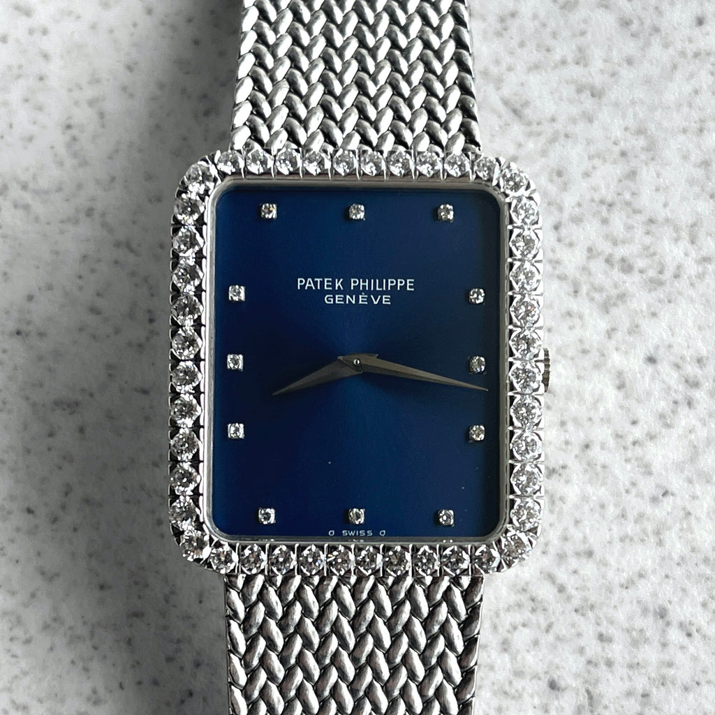 Patek Philippe Rectangular Bracelet Watch, Ref. 3613/1, Blue dial and Diamond-set case, White Gold