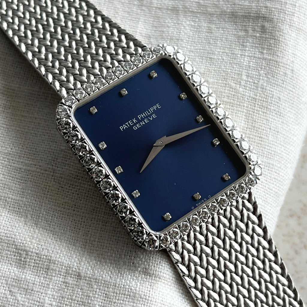 Patek Philippe Rectangular Bracelet Watch, Ref. 3613/1, Blue dial and Diamond-set case, White Gold