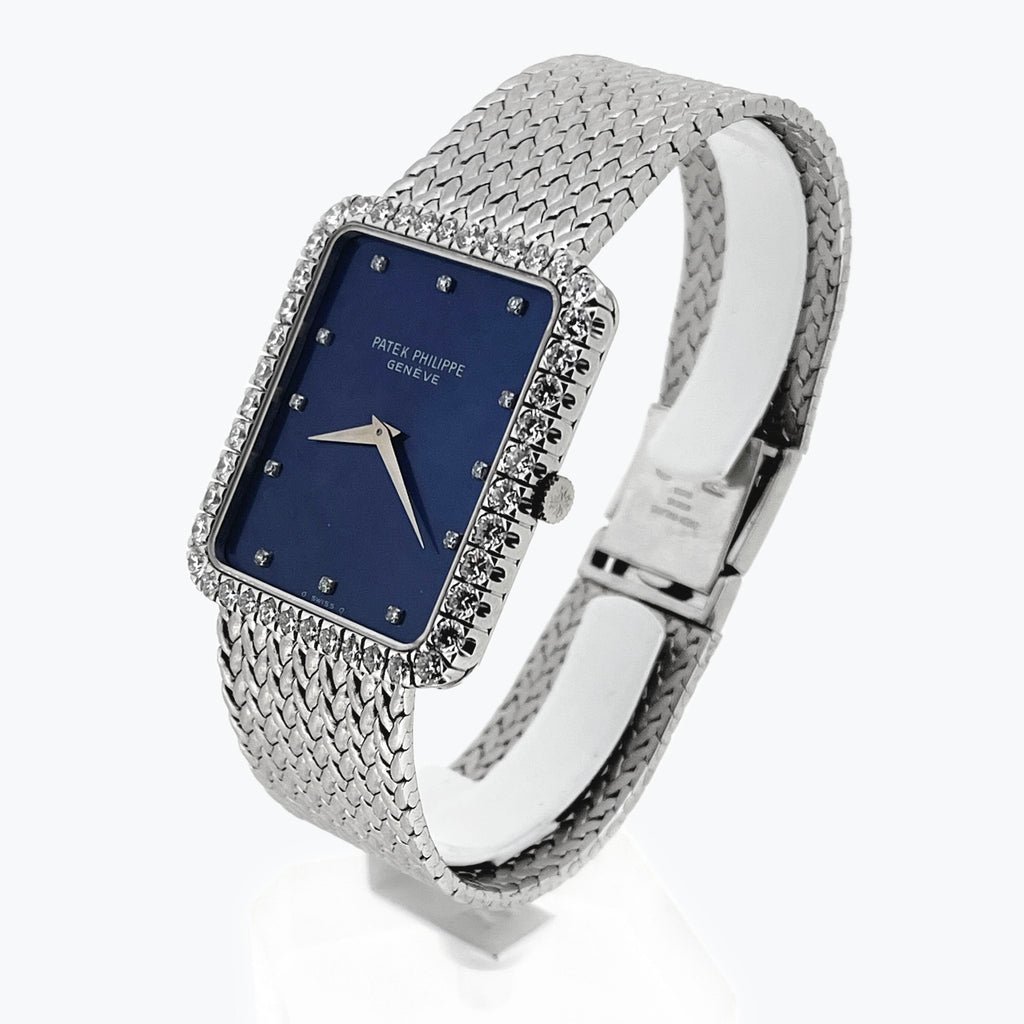 Patek Philippe Rectangular Bracelet Watch, Ref. 3613/1, Blue dial and Diamond-set case, White Gold