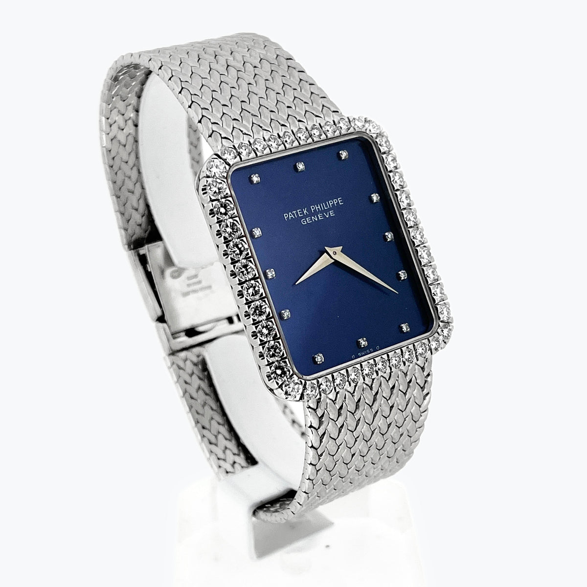 Patek Philippe Rectangular Bracelet Watch, Ref. 3613/1, Blue dial and Diamond-set case, White Gold